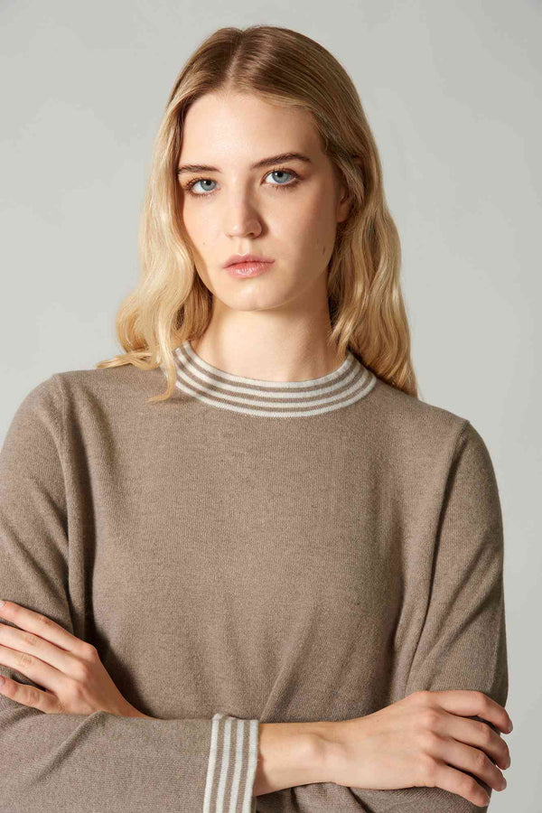 Maglia con Bordi a Righe in Puro Cashmere Dune-Latte