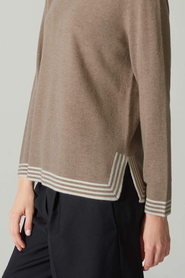 Maglia con Bordi a Righe in Puro Cashmere Dune-Latte