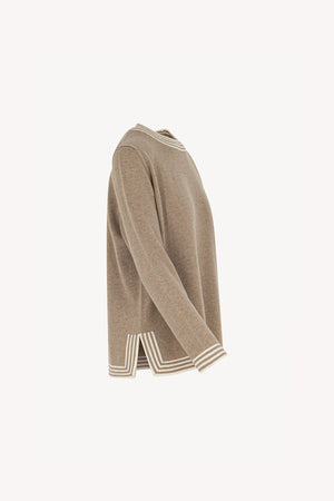 Maglia con Bordi a Righe in Puro Cashmere Dune-Latte