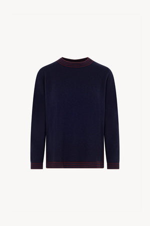 Maglia con Bordi a Righe in Puro Cashmere Notte-Acero