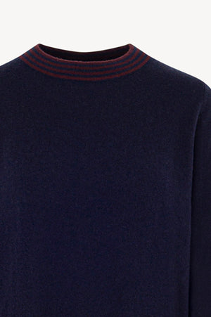 Maglia con Bordi a Righe in Puro Cashmere Notte-Acero