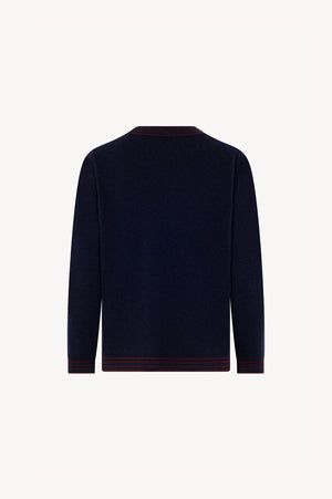 Maglia con Bordi a Righe in Puro Cashmere Notte-Acero