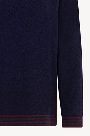 Maglia con Bordi a Righe in Puro Cashmere Notte-Acero
