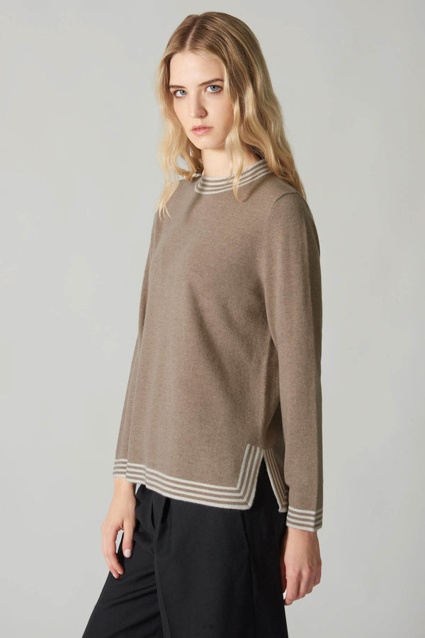 Maglia con Bordi a Righe in Puro Cashmere Notte-Acero