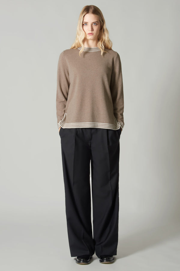 Maglia con Bordi a Righe in Puro Cashmere Notte-Acero