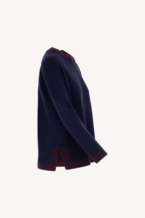 Maglia con Bordi a Righe in Puro Cashmere Notte-Acero