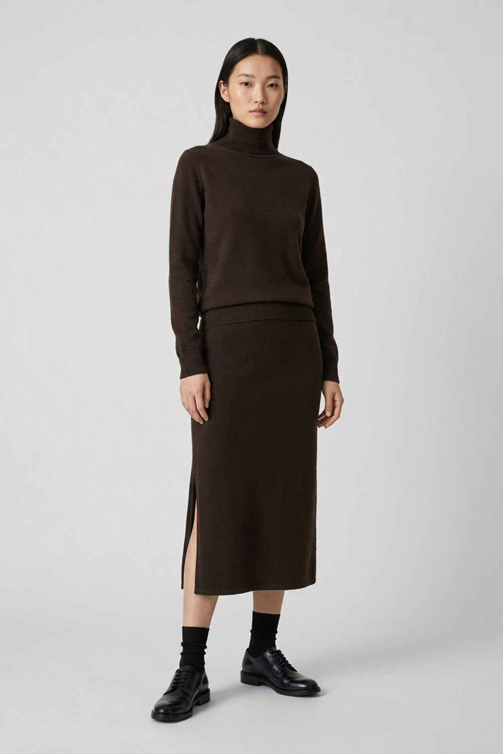 Gonna a Tubo con Spacco in Puro Cashmere Mocha