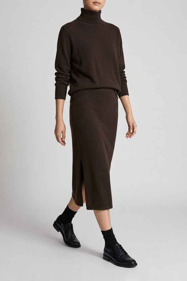 Mocha Pure Cashmere Pencil Skirt with side Slit