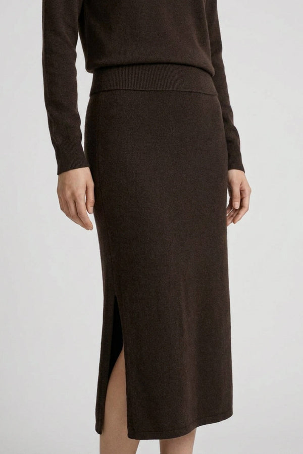 Mocha Pure Cashmere Pencil Skirt with side Slit