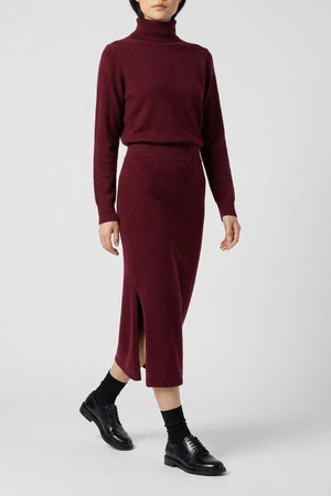 Dark Red Pure Cashmere Pencil Skirt with side Slit