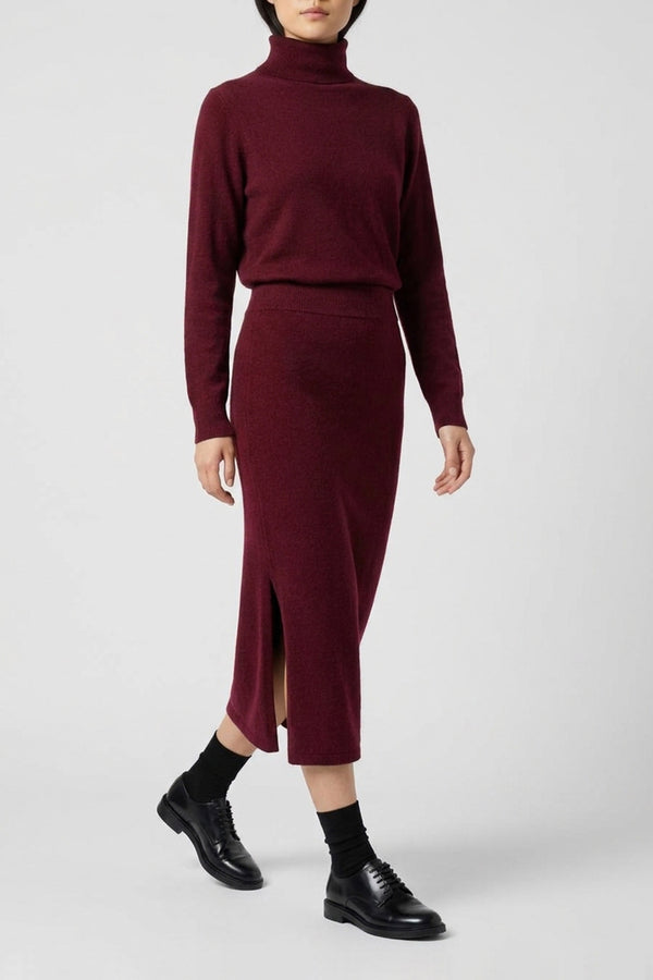 Dark Red Pure Cashmere Pencil Skirt with side Slit