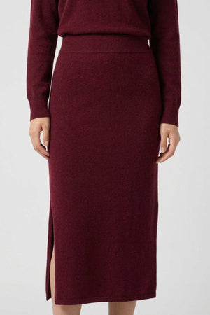 Dark Red Pure Cashmere Pencil Skirt with side Slit