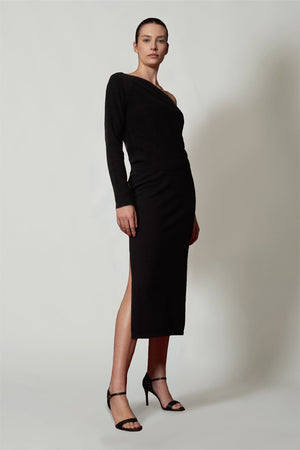 Gonna a Tubo con Spacco in Puro Cashmere Notte