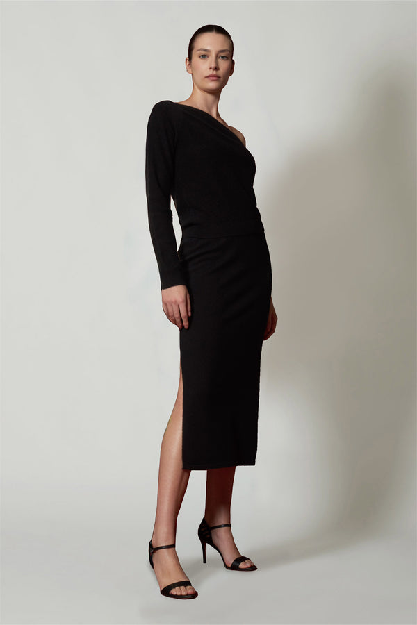 Gonna a Tubo con Spacco in Puro Cashmere Notte