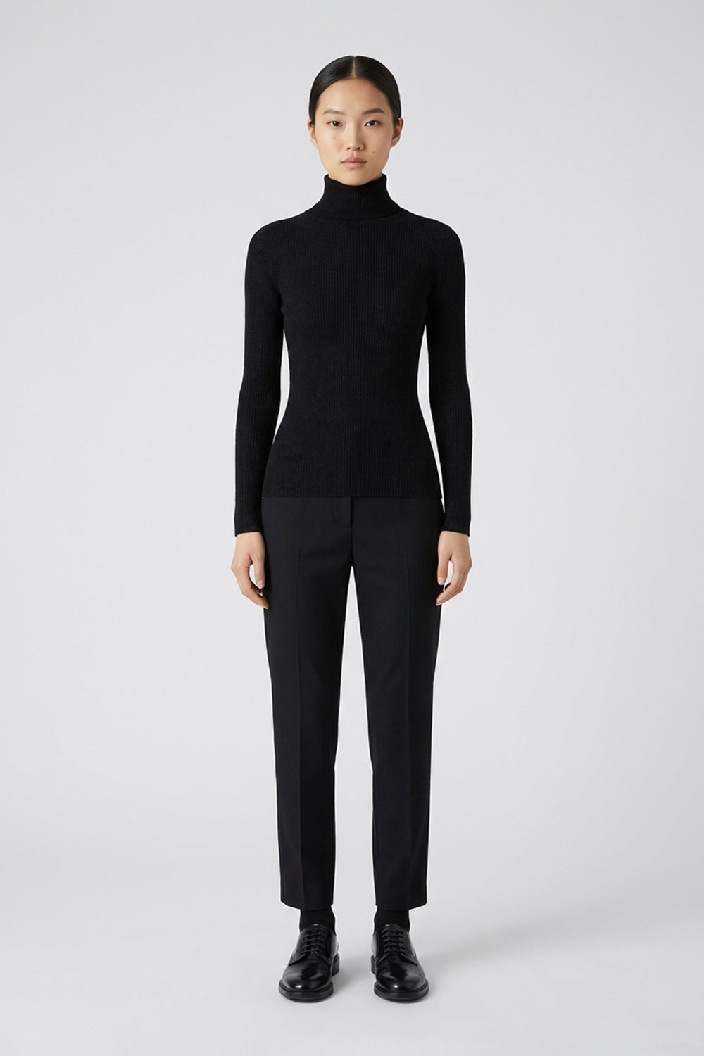 Black Merino Wool Cashmere Ribbed Turtleneck