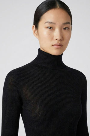 Black Merino Wool Cashmere Ribbed Turtleneck