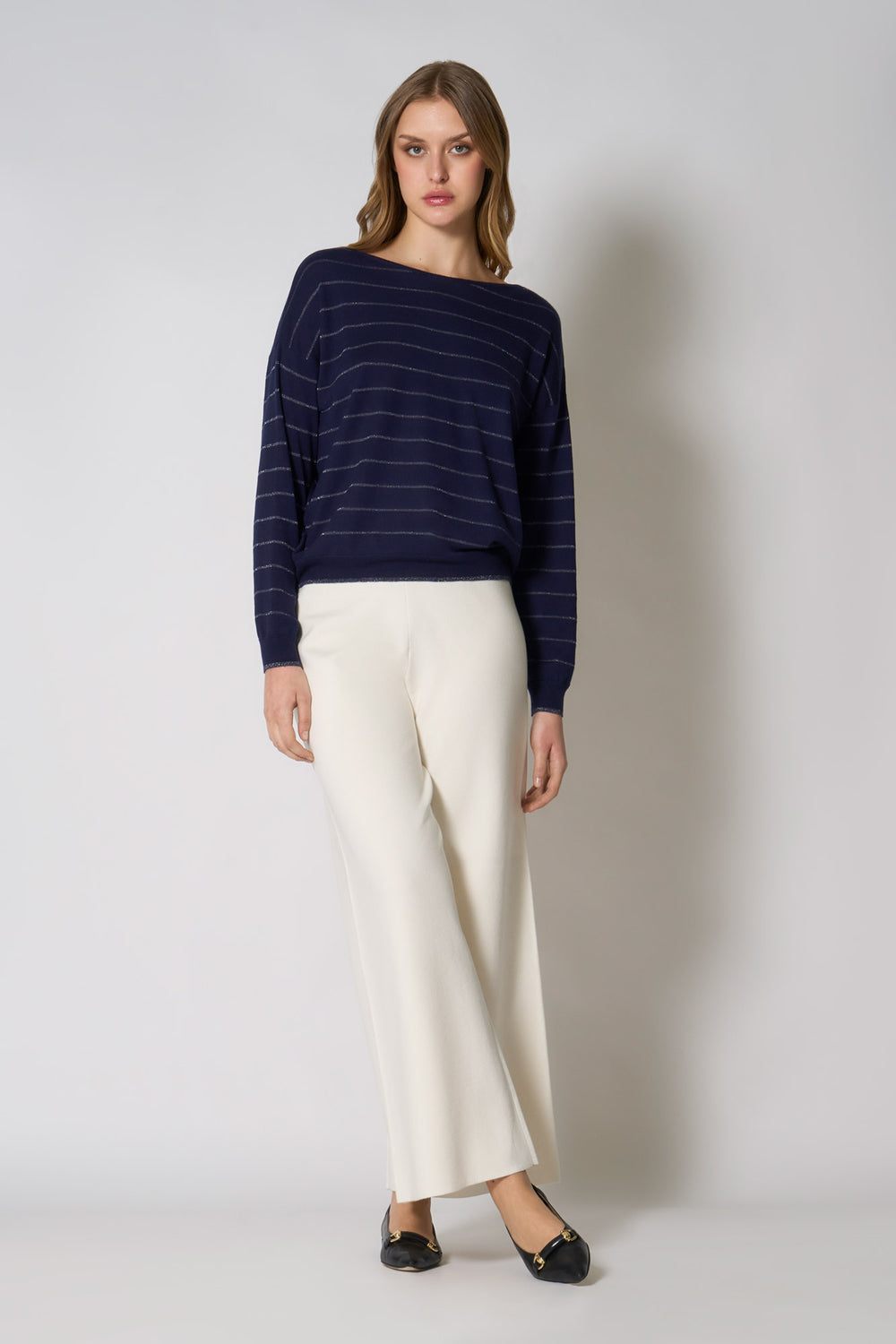 Maglia con inserti in Lurex in Seta Cashmere Blu Navy