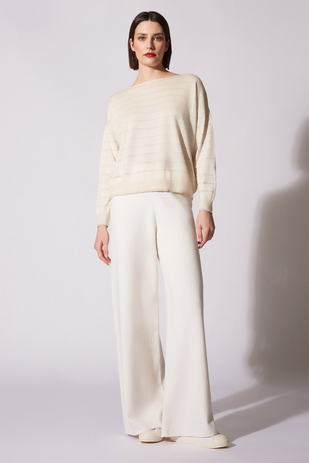 Maglia con inserti in Lurex in Seta Cashmere Avorio