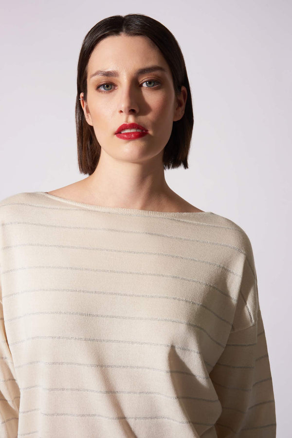 Maglia con inserti in Lurex in Seta Cashmere Avorio