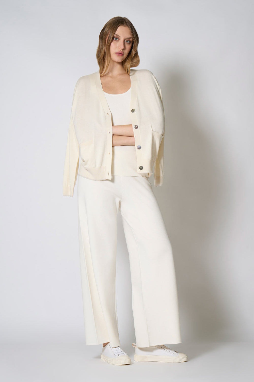 Cardigan con inserti Lurex in Seta Cashmere Avorio