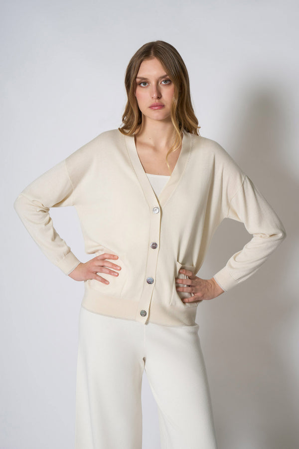 Cardigan con inserti Lurex in Seta Cashmere Avorio