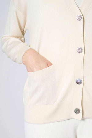Cardigan con inserti Lurex in Seta Cashmere Avorio