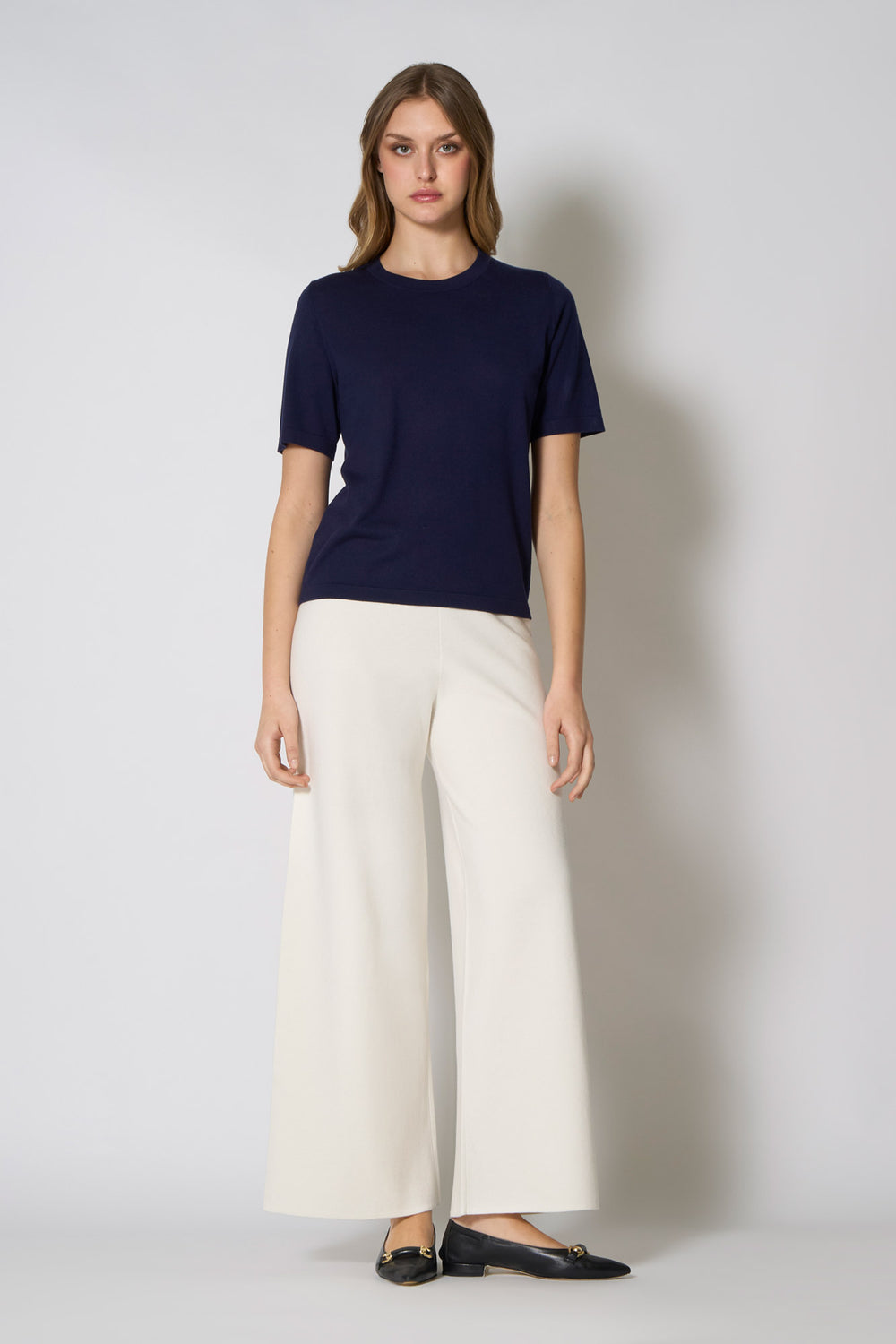 Maglia Girocollo Mezza Manica in Seta Cashmere Navy