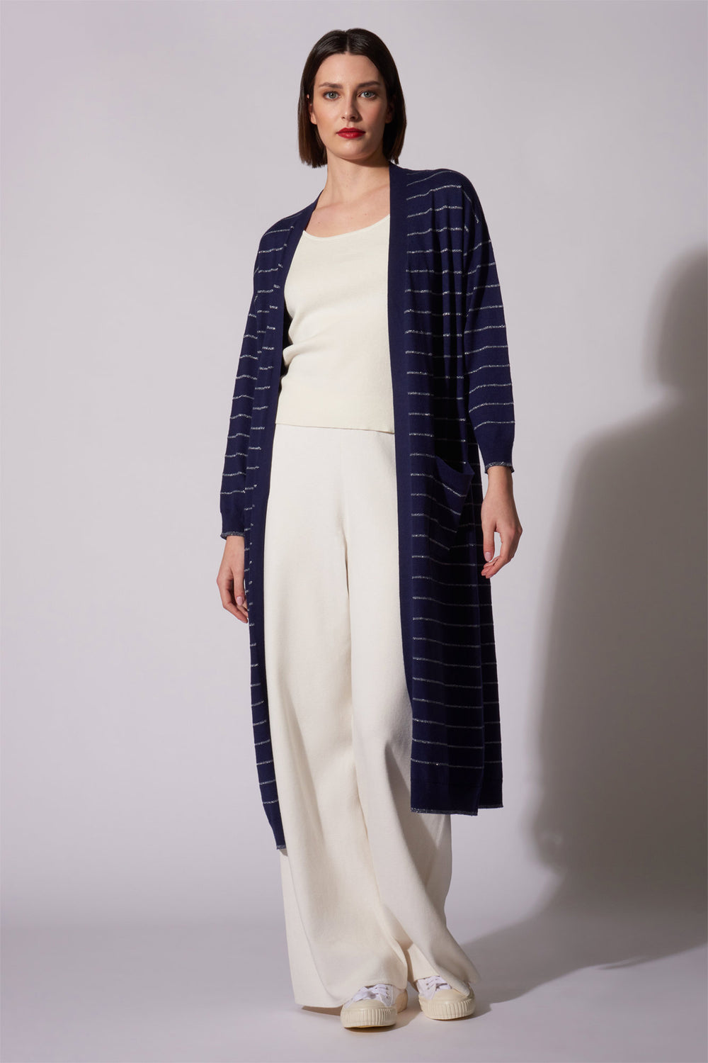 Spolverino con inserti in Lurex in Seta Cashmere Blu Navy