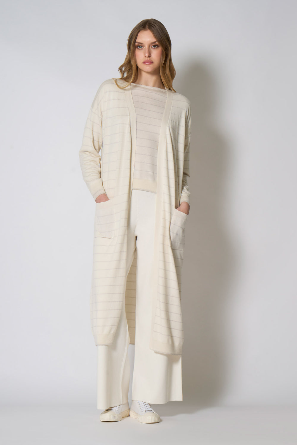 Spolverino con inserti in Lurex in Seta Cashmere Avorio