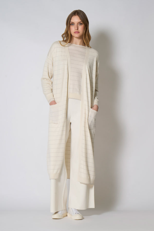 Spolverino con inserti in Lurex in Seta Cashmere Avorio