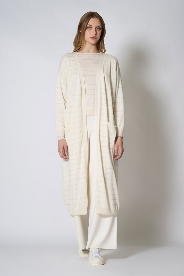 Spolverino con inserti in Lurex in Seta Cashmere Avorio