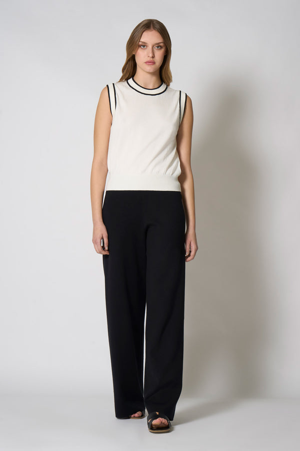 Girocollo Senza Maniche in Cotone Seta Cashmere Bianco Latte-Nero