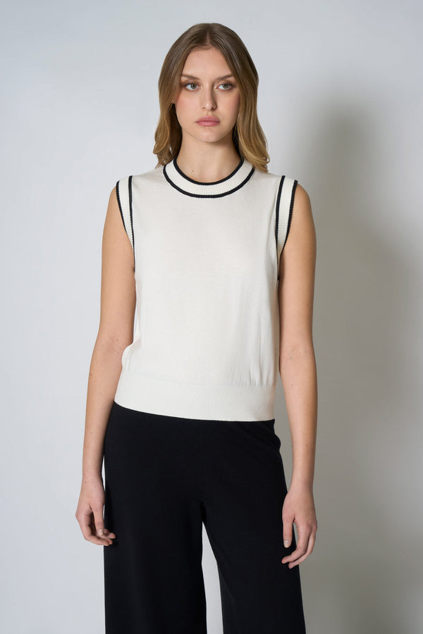 Girocollo Senza Maniche in Cotone Seta Cashmere Bianco Latte-Nero