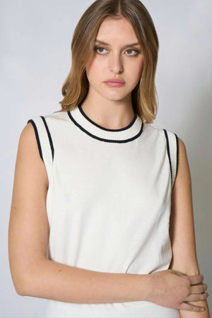 Girocollo Senza Maniche in Cotone Seta Cashmere Bianco Latte-Nero