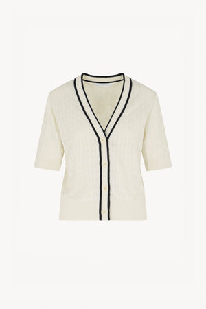 Cardigan Trecce Mezza Manica in Cotone Seta Cashmere Bianco Latte-Nero