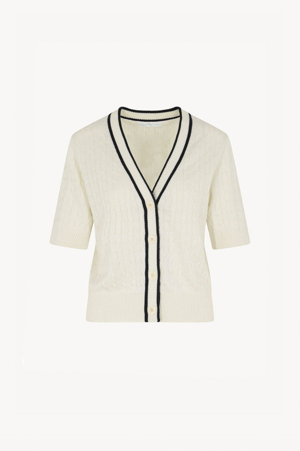 Cardigan Trecce Mezza Manica in Cotone Seta Cashmere Bianco Latte-Nero
