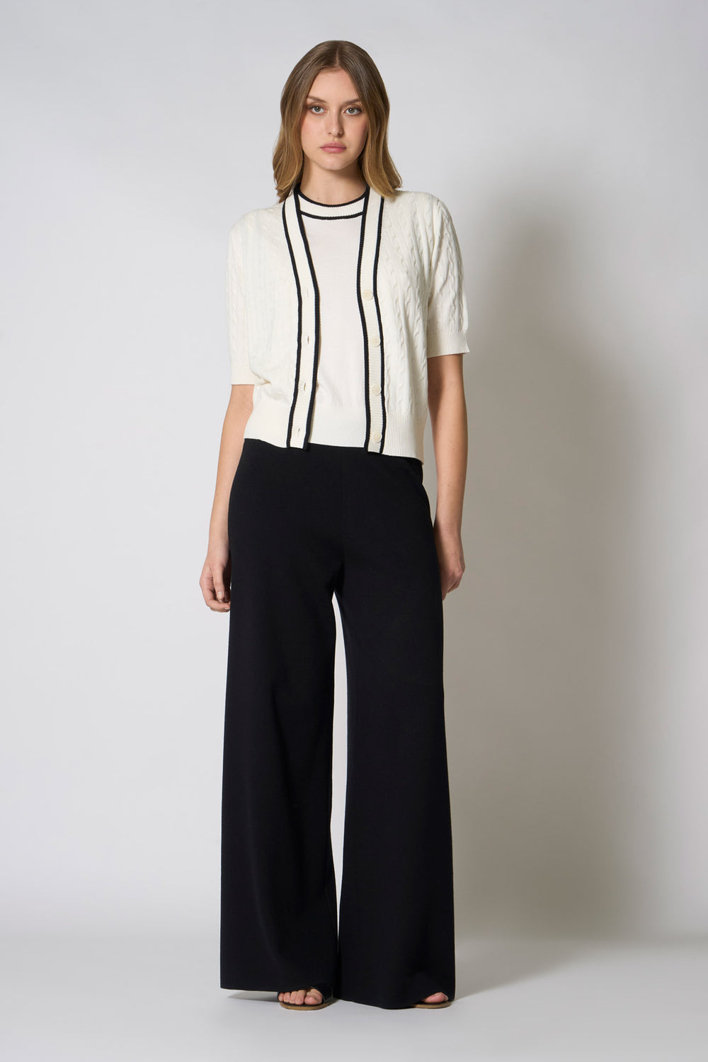 Cardigan Trecce Mezza Manica in Cotone Seta Cashmere Bianco Latte-Nero