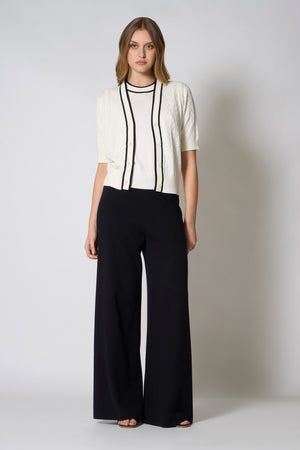 Cardigan Trecce Mezza Manica in Cotone Seta Cashmere Bianco Latte-Nero
