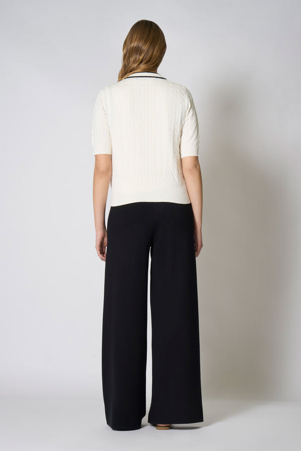 Cardigan Trecce Mezza Manica in Cotone Seta Cashmere Bianco Latte-Nero