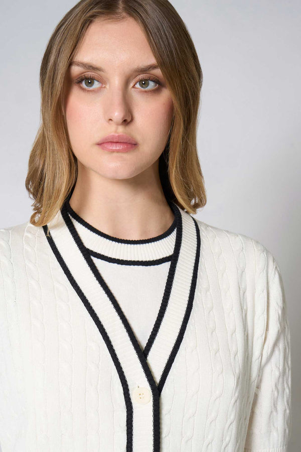 Cardigan Trecce Mezza Manica in Cotone Seta Cashmere Bianco Latte-Nero