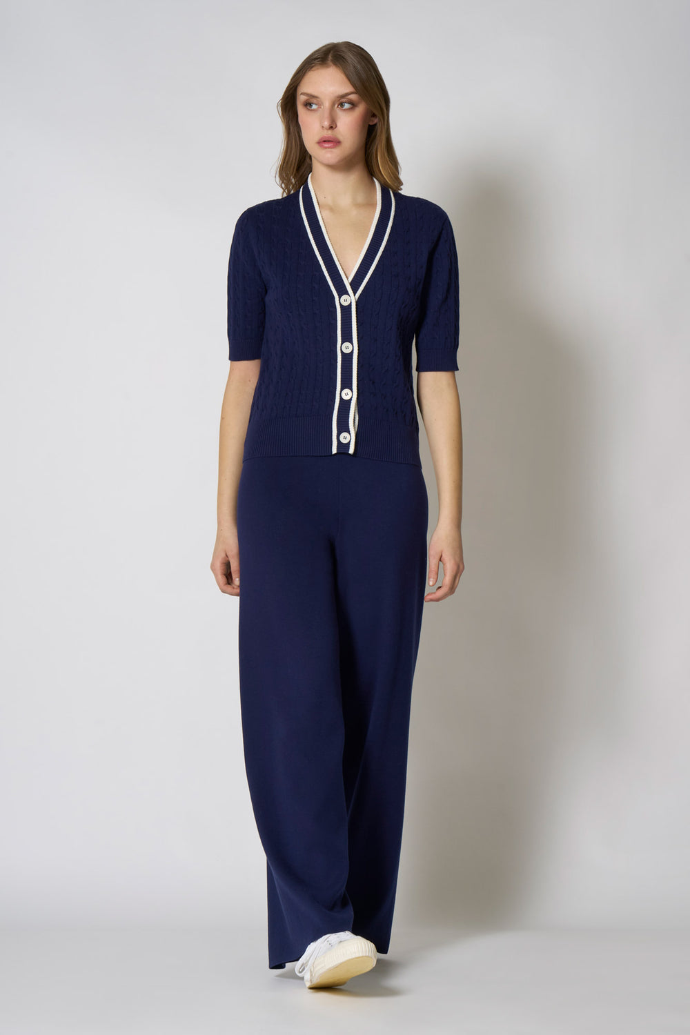 Cardigan Trecce Mezza Manica in Cotone Seta Cashmere Blu-Bianco Latte