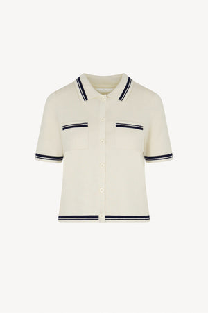 Camicia Mezza Manica in Cotone Seta Cashmere Bianco Latte-Blu