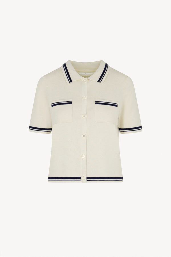 Camicia Mezza Manica in Cotone Seta Cashmere Bianco Latte-Blu