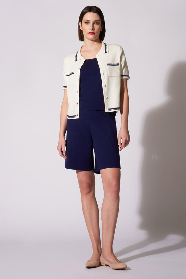 Camicia Mezza Manica in Cotone Seta Cashmere Bianco Latte-Blu