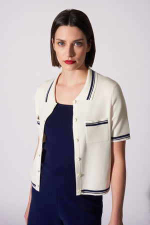 Camicia Mezza Manica in Cotone Seta Cashmere Bianco Latte-Blu