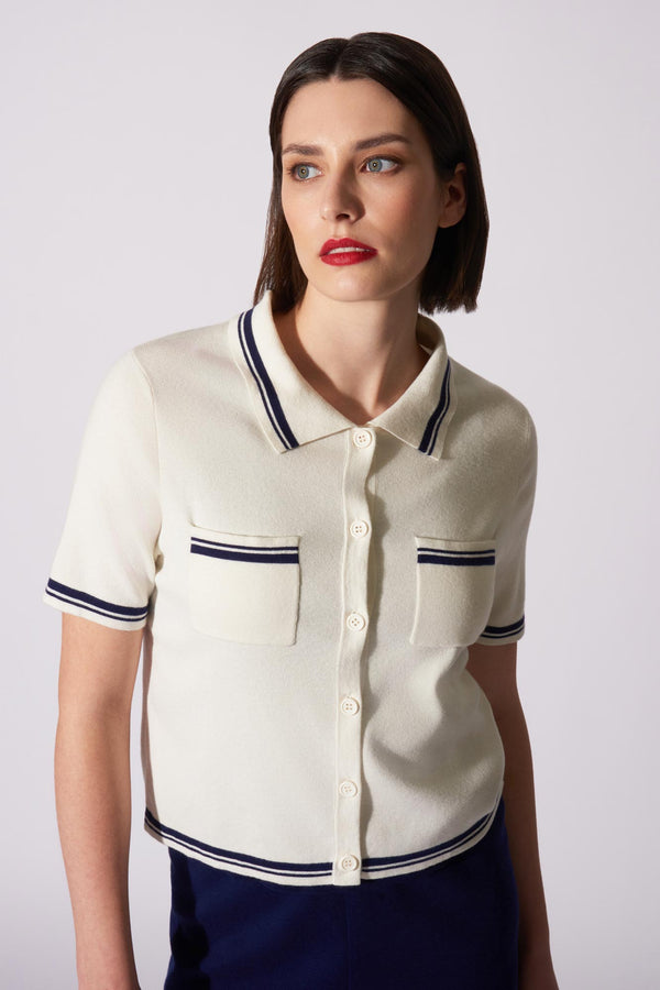 Camicia Mezza Manica in Cotone Seta Cashmere Bianco Latte-Blu
