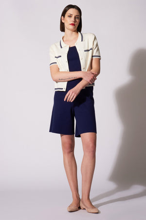 Camicia Mezza Manica in Cotone Seta Cashmere Bianco Latte-Blu