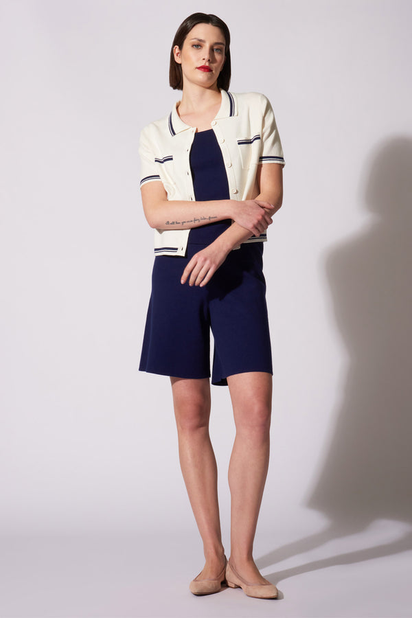 Camicia Mezza Manica in Cotone Seta Cashmere Bianco Latte-Blu