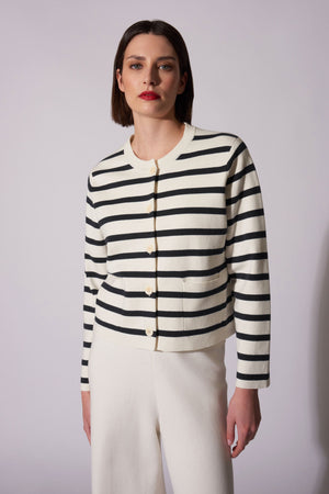 Giacca in Maglia Stoffa in Cotone Seta Cashmere Bianco Latte-Nero