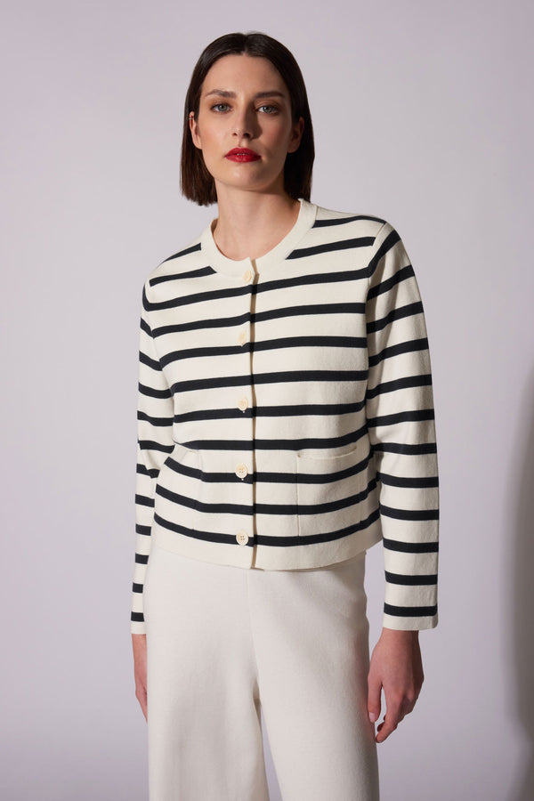 Giacca in Maglia Stoffa in Cotone Seta Cashmere Bianco Latte-Nero